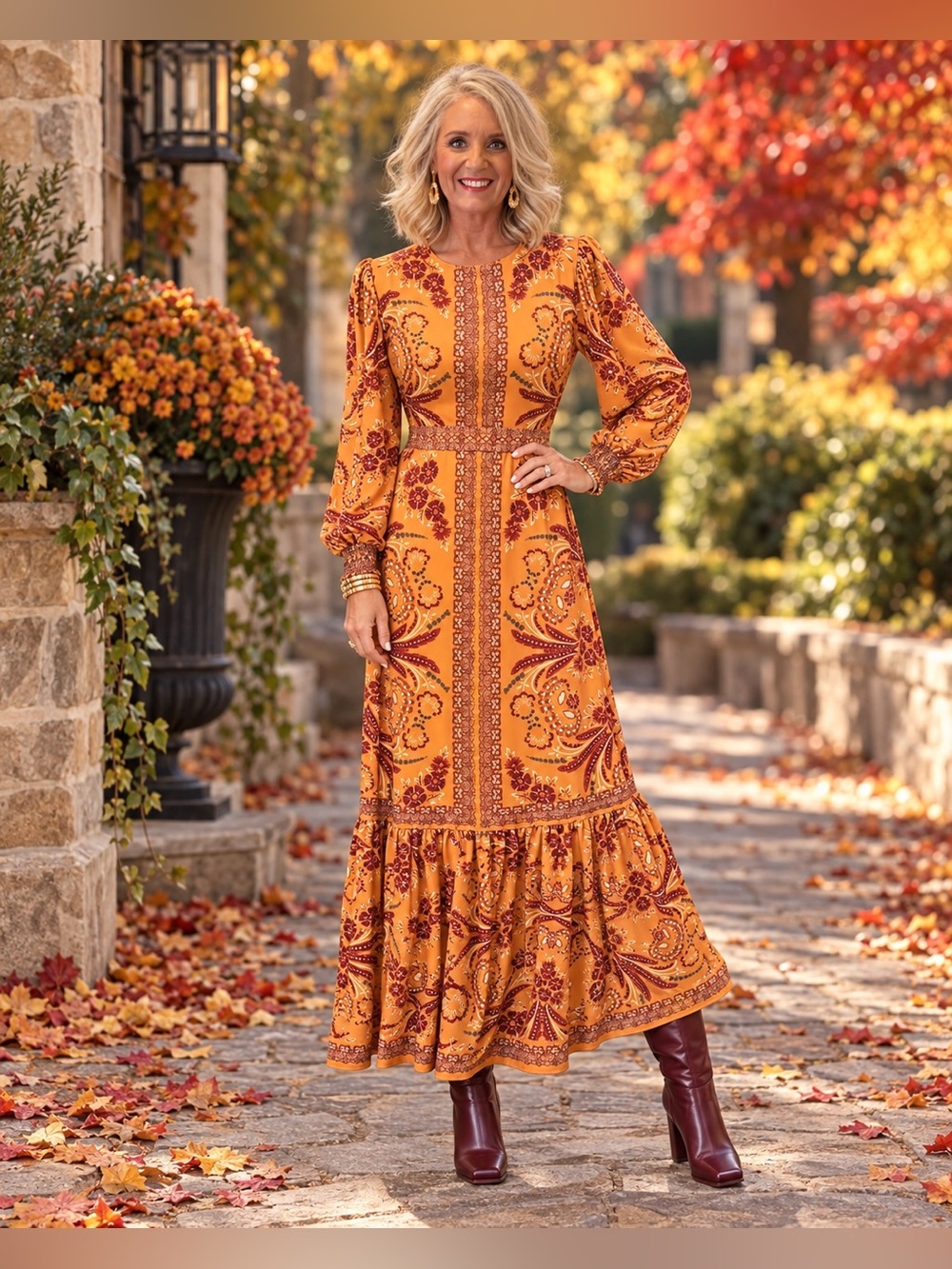 Vici Mustard Paisley Maxi Dress with Ruffle Hem Small